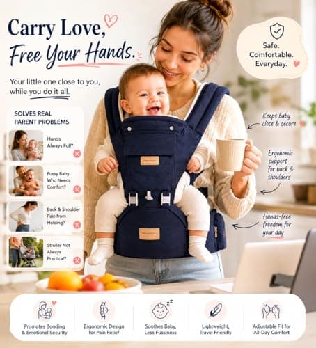 Sharth Baby Carrier with Hip Seat, 6-in-1 Infants & Toddlers (7-41 lbs) Carrier, Fully Adjustable Hip Seat Carrier to Fit All Parents, All-Season Baby Carrier - Dark Blue - Thumbnail 2