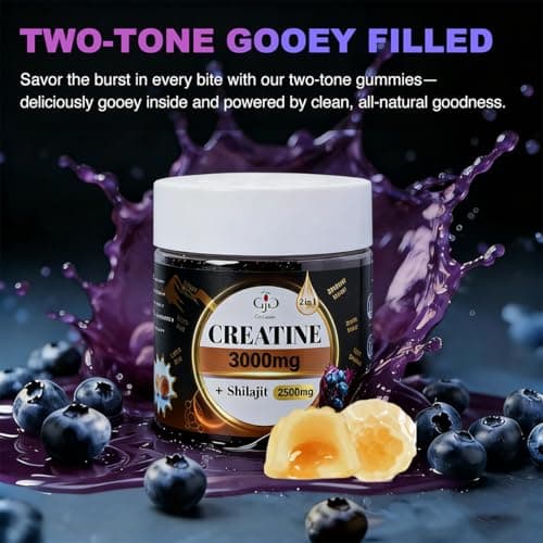Creatine Gummies 3000mg with Shilajit | Juice-Burst Filled for Muscle Recovery, Strength & Energy Booster | Natural Testosterone & Cognitive Support for Men & Women | 60 Count, Blueberry Flavor - Thumbnail 2