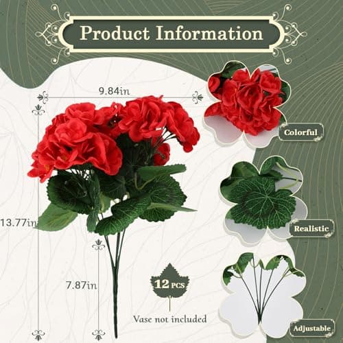 AMORISE 12 Bundles Artificial Geranium Flowers for Outdoor, Fake Silk Red Geraniums Flower, UV Resistant Look Real Faux Plants for Front Door Garden Porch Patio Balcony Yard Indoor Home, FF20, Red - Thumbnail 3
