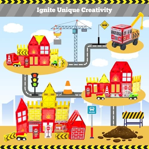 Magnetic Tiles for Kids, 56PCS Construction Magnet Tiles with Fire Truck Station, Building, Road, Crane, Car Truck - STEM Magnetic Blocks for Kids Ages 4-8, Toys for 4 5 Year Old Boys Birthday Gifts - Thumbnail 3