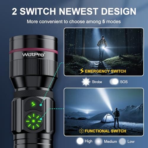 WdtPro 2 Pack Flashlights Rechargeable, Bright Mini LED Pocket Flash Lights with Clip, Zoomable, Dual Switch, 5 Modes, Waterproof Flashlight for Camping Outdoor Home Emergency (Battery Included) - Thumbnail 3