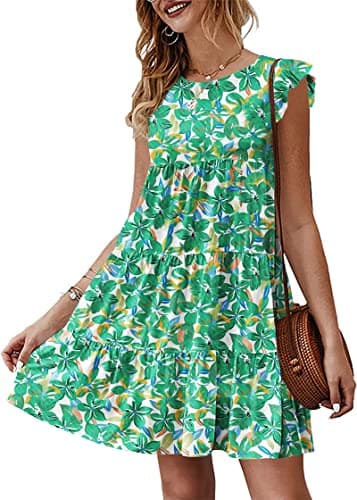 KIRUNDO Tropical Dresses for Women Summer Sleeveless Boho Floral Mini Sundress Ruffle Sleeve Round Neck Loose Short Flowy Pleated Babydoll Dress, Floral3-green, Large - Image 1