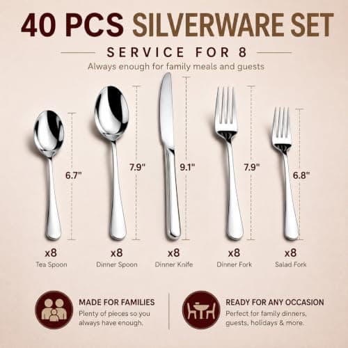 KIKCOIN 40 Pack Silverware Set for 8, Balanced Weight Stainless Steel Flatware Set, Mirror Polished Spoons And Forks Knife Set, Heavy DutyCutlery Utensils Set for Home Kitchen Restaurant Wedding - Thumbnail 5