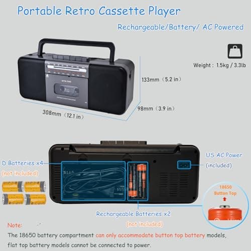 Portable Cassette Tape Player Recorder,AM/FM/SW Radio with Bluetooth,USB/SD, Big 10W Speaker,Record to Cassette/U Disk/SD Card via Mic, MP3 Converter, Earphone Jack,AC/DC Powered - Thumbnail 3