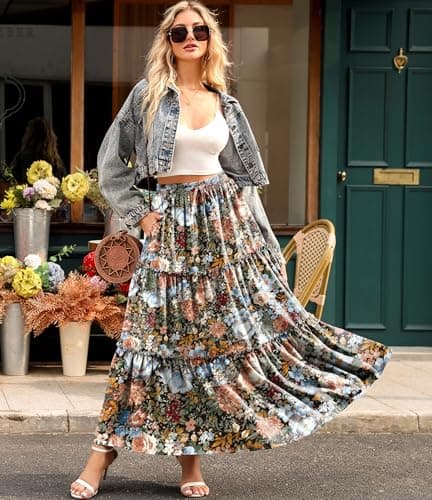 Arolina Boho Skirts for Women Trendy Floral Tiered Maxi Skirts 2026 Flowy Pleated Flared A-Line Long Skirt - Thumbnail 5