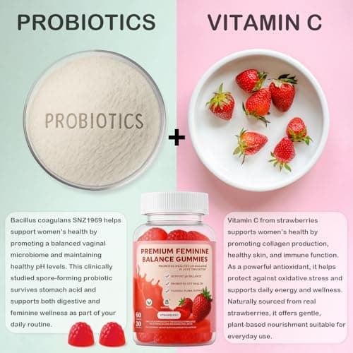 DEXOV Vaginal Probiotic Feminine Gummies for Women – pH Balance Support & Vitamin C, Strawberry Flavor, Vegan, Sugar-Free, Non-GMO, 60 Gummies (30 Servings) - Thumbnail 2
