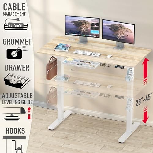 SHW 55 x 28 Inches Electric Height Adjustable Standing Desk with Drawer and Memory Preset, Maple - Thumbnail 4