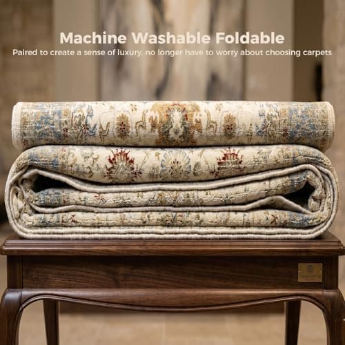 6x9 Feet Washable Vintage Bohemian Floral Area Rug - Non-Slip Foldable Floor Mat for Living Room, Bedroom, Dining Room, Kids Room, Office, Farmhouse Decor Carpet Christmas Rugs (Beige and Blue) - Thumbnail 6