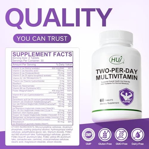 HUJ Two-Per-Day Multivitamin - Adult Multivitamin/Multi-Mineral Supplement with Vitamins ACDKE,Vitamin Bs and More Essential Minerals - Supports Whole Body Health and Normal Metabolism - 60 Tablets - Thumbnail 6
