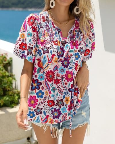 KIRUNDO Boho Tops for Women Summer 2026 Dressy Floral Blouse V Neck Drawstring Short Sleeve Shirts Beach Vacation Clothes(White Multicolored, X-Large) - Thumbnail 6