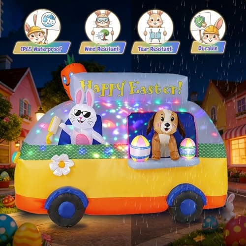 GIFTFIND 7.3FT Long Easter Inflatables Outdoor Decorations - Bunny and Dog Riding Bus, Build-in LED Lights Holiday Blow Up Yard Decoration, for Patio Garden Lawn Party Celebration Decor - Thumbnail 4