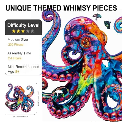 Wooden Puzzle for Adults, Colorful Octopus Jigsaw Puzzle for Adults 200 Piece, Unique Ocean Animal Shaped Wooden Puzzles, Challenging Cyber Octopus Wooden Jigsaw Puzzle for Kids Family Game 11 * 11in - Thumbnail 2