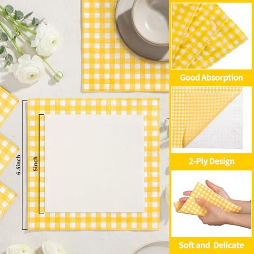 NatNarr 80 Pcs Gingham Napkins, 6.5X6.5 Inch Easter Paper Napkins Disposable Yellow and White Plaid Napkin for Spring, Masters Party, Picnic - Thumbnail 3