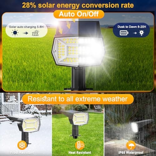 Fabrito 72 LEDs Solar Spot Lights Outdoor Waterproof, 3 Modes Landscape Spotlights, Dusk to Dawn Solar Powered Flood Wall Lights for Outside, Solar Garden Lights for Yard Porch 6 Pack (Cool White) - Thumbnail 2