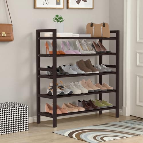 Haddockway Bamboo Shoe Rack for Closet, Free Standing Shoe Organizer with Smooth Round Rods & Convenient Handles, Stackable Shoe Storage Shelf for Entryway, Hallway(Brown, 5-Tier) - Thumbnail 2
