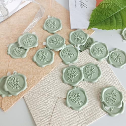 Pilloze 50 Pcs Adhesive Green Rose Wax Seal Stickers, Adhesive and Easy to Use Green Rose Envelope Stickers, Rose Seal for Wedding Invitation or Envelopes, Scrapbooking - Thumbnail 6