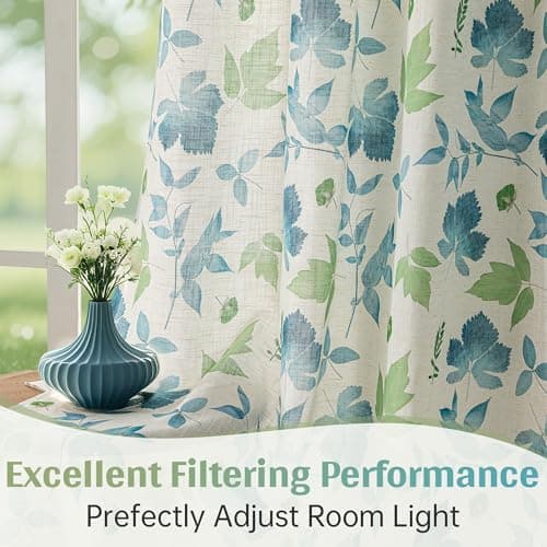 Blue Country Curtains 63 Inches Long for Living Room Light Filtering- 2 Panel Floral Leaves Patterned Semi Sheer Curtains for Farmhouse Bedroom Dining Room, 52 x 63 inch, Green and Light Blue Printed - Thumbnail 4