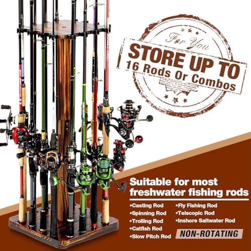 Fishing Rod Holders for Garage 360 Degree Rotating Fishing Pole Rack, Floor Stand Holds up to 16 Rods Wood Fishing Gear Equipment Storage Organizer, Fishing Gifts for Men Women - Thumbnail 3