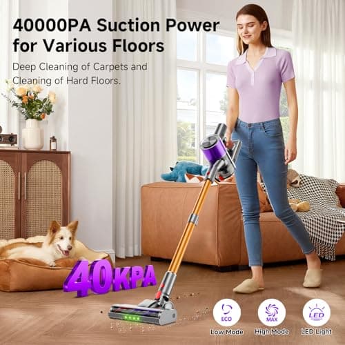 Clinkal Cordless Stick Vacuum Cleaner, 40Kpa Powerful Suction Vacuum Cleaner with LED Headlight, Detachable Battery, 8-in-1 Lightweight Handheld Vacuums for Pet Hair Carpet and Hardwood Floor, Purple - Thumbnail 2