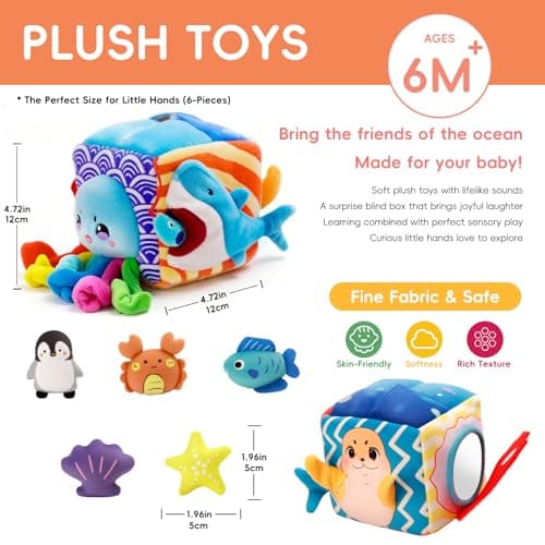 SAIMAND Baby Toys 6-12 Months–Mystery Soft Box with 5 Plush Marine Animals,Rattle,Crinkle Paper & Mirror–Montessori Sensory Toys for 6 Month Old Babies 1-3 Year Old Boy Girl Birthday - Thumbnail 2