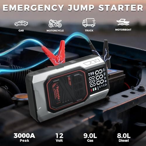 Yunvolx Jump Starter with Air Compressor, 3000A 12V Portable Car Emergency Jump Starter (for 9L Gasoline / 8L Diesel Engines), Equipped with USB Output, Storage Box, and LED Flashlight - Thumbnail 2