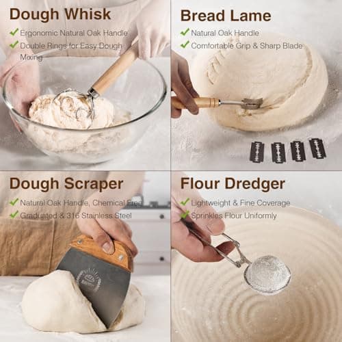 BAVIFY Sourdough Starter Kit, Banneton Bread Proofing Baskets Set, Sourdough Bread Baking Supplies Making Tools with Dough Scraper, Whisk, Bread Lame, Recipe, Wood Pulp Banneton - 2 Round Gift Set - Thumbnail 5