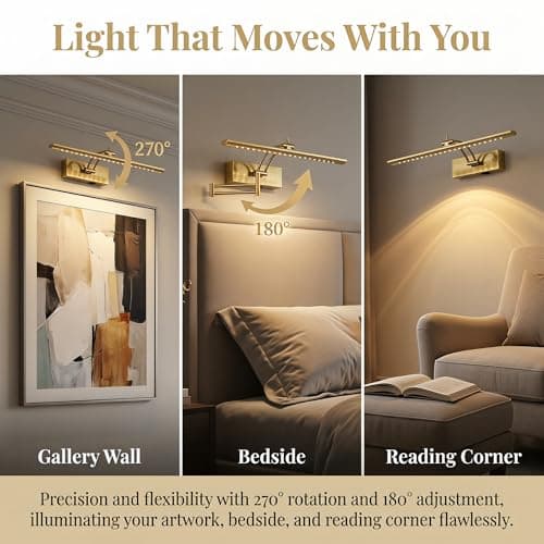JOOSENLUX Rechargeable Picture Light, 16" Brass Battery Operated Wall Sconce with Remote, Dimmable LED Art Light for Paintings, Timer, Swing Arm - Thumbnail 2