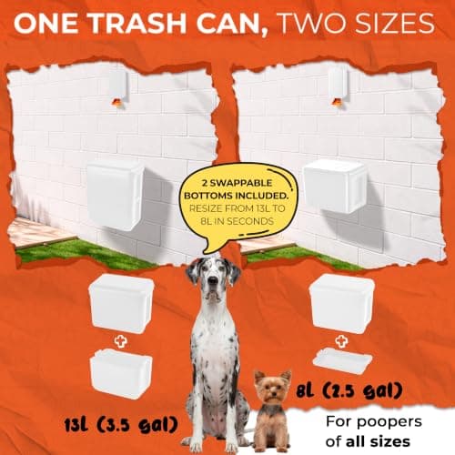 PEXTER Outdoor Dog Poop Trash Can Outside - Wall Mounted Dog Waste Bin & Garbage Can, 2-in-1 Converts 13L to 8L (3.5/2.1 Gal), Pet Waste Container for Dogs - Includes 15 Heavy Duty Bags (White) - Thumbnail 2