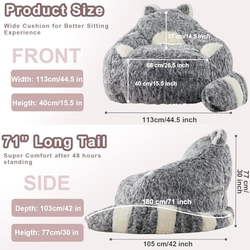 EBENCHICO Giant Bean Bag Chair for Adults Teens, Raccoon Shaped Faux Fur Bean Bag Sofa with Filler, Plush Beanbag Couch with Tail Pillow for Gaming, Reading, Bedroom, Dorm - Thumbnail 2