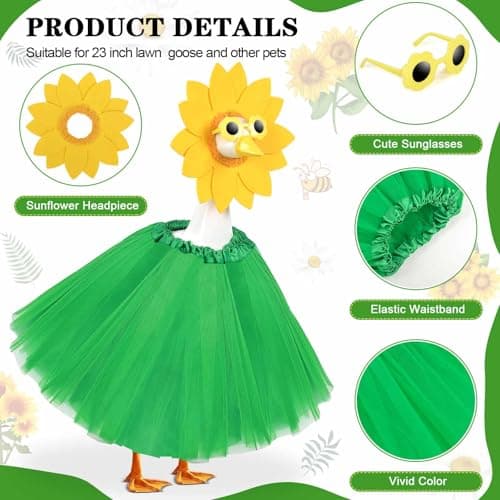 yuboo Summer Porch Goose Outfit, Sunflower Costume Goose Outfit Clothes Headpiece, Glasses, Tutu Skirt for 23in Lawn Garden Yard Porch Goose Outdoor Statues Decor - Thumbnail 3