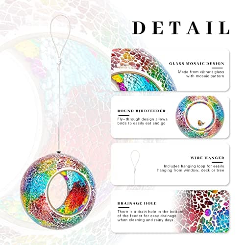 VCUTEKA Bird Feeder Mosaic Fly Through Bird Feeders for Outside Hanging with Round Shape Glass Container to Attract More Wild Birds for Garden, Yard, Backyard, Deck and Porch Decor, Purple 7-Inch - Thumbnail 4