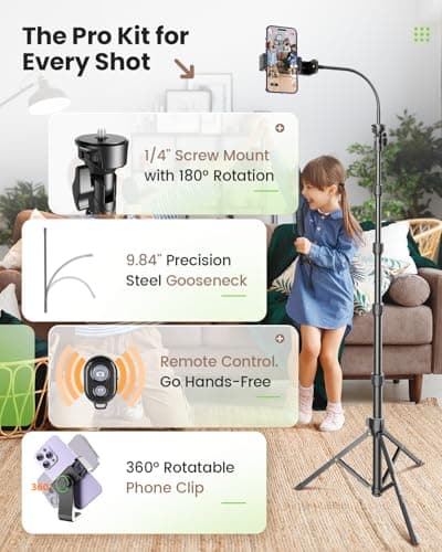 CAMBOFOTO 82" Phone Tripod Stand with Gooseneck, Remote and Phone Holder, Selfie Stick & Overhead Tripod for Recording/Cooking/Fitness/Vlog, Compatible with iPhone Android Samsung, Camera - Thumbnail 3