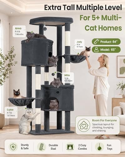 Extra Large Cat Tree, 84 Inch XXL Giant Cat Tower for Indoor Cats Large Adult 20lb+, Multi-Level Cat Climbing Condo with 5 Scratching Posts, 3 Wide Platform Perches, 2 Baskets, 2 Cat Caves - Thumbnail 5