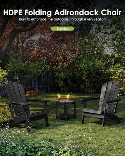 GREENVINES Folding-Adirondack-Chairs-Set-of-2 | w/Cup Holder | HDPE Plastic | All-Weather Patio Fire Pit Chairs | for Outdoor Poolside Deck | Black - Thumbnail 4