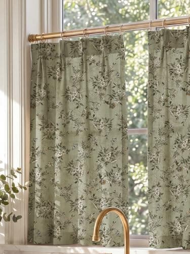NICETOWN Sage Green Floral Linen Curtains Cafe Curtains, W26 x L36