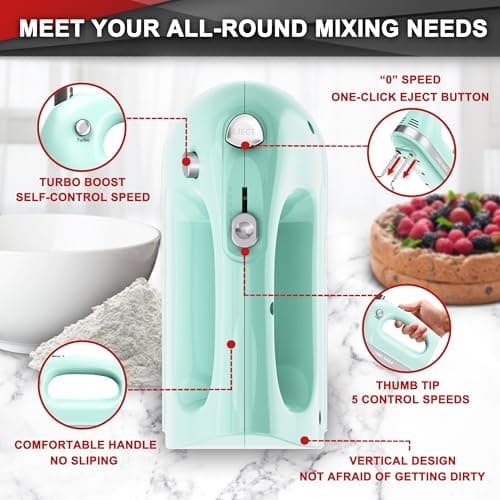 Lord Eagle Hand Mixer Electric Handheld 400W, 5-Speed Lightweight Kitchen Mixer with Storage Case, 5 Stainless Steel Attachments for Baking Cake Egg Cream Food Beater, Turbo+Eject Button, Green - Thumbnail 3