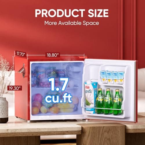 Upstreman 1.7 Cu.Ft Retro Mini Fridge, Low Noise, Energy Saving, Adjustable Thermostat, Single Door, Side Bottle Opener, Metal Handle, Compact Refrigerator for Office, Bedroom, Dorm-FR17 PRO (Red) - Thumbnail 2
