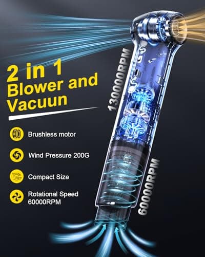 2-in-1 Compressed Air Duster–130000 RPM Brushless Electric BLOWER & VACUUM with 16KPA Suction, 3-Speed Adjustable Mini Blower, Fast Charging Type-C, Handheld Car Vacuum Cleaner for Computer Keyboard - Thumbnail 4