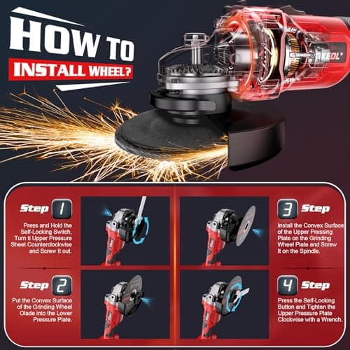 Tikeol 20V Cordless Angle Grinder Kit with 4.0Ah Battery & Charger - 4-1/2 inch Brushless Motor Cut-Off Tool Metal Cutting, Grinding & Polishing for DIY& Professional Use - Thumbnail 3