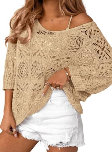 ATHMILE Off The Shoulder Tops Womens Spring Cruise Outfits Summer Beach Cover up Crochet Hollow Out 3/4 Sleeve Pullover Sweater Vacation Clothes Camel - Image 1