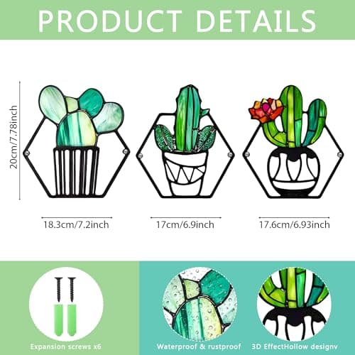 ArtCachet 3-Piece Metal Floral Wall Art - Bathroom Arts & Modern Farmhouse Decor,Home Wall Decors Sculptures for Living Room, Dining Room, Bedroom Wall Decorations & Housewarming Gift(Cactus -1) - Thumbnail 5