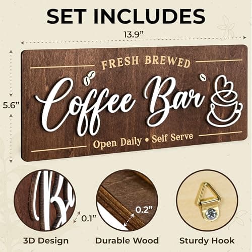 Woodamore Coffee Bar Signs for Wall Decor - Vintage Coffee Accessories for Cafe Station Signs Decorations, Small Farmhouse Cafe Sign for Home Decor Kitchen, Countertop - Thumbnail 2