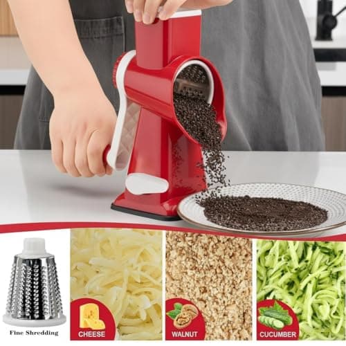 YOUCZON Rotary Cheese Grater Multi-Purpose Stainless Steel Cheese Shredder - Cheese Grater With Handle Effortless Grating of Carrots, Potatoes, Vegetables, and Fruits (Red) - Thumbnail 4