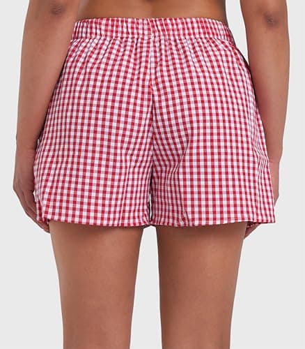Sunzel Women's Gingham Plaid Boxer Shorts – Elastic Waist Loose Fit Pajama Lounge Shorts Y2K Summer Beach Casual Pj Bottoms Red Plaid X-Large - Thumbnail 3