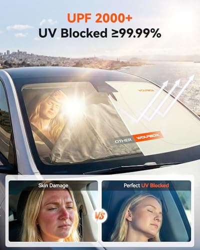 WOLFBOX Car Windshield Sun Shade - Foldable Front Window Sunshade with Premium Black Vinyl Coating, 100% Blackout UV & Heat Shield Sun Visor Protector Toyota Rav4 Camry Tundra Corolla(XL 64''L*34''W) - Thumbnail 4