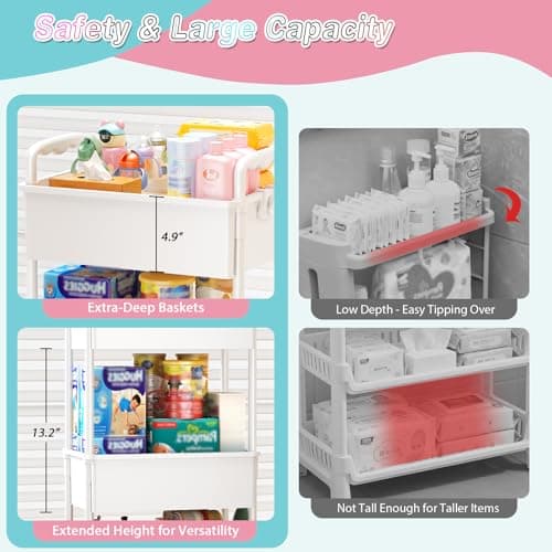 SUNALLY Baby Diaper Caddy Cart, 3 Tier Rolling Diaper Cart with Lockable Wheels for Nursery Essentials, Large Capacity & Easy Assemble Diaper Storage Organizer for Newborn,New Mom, White - Thumbnail 3
