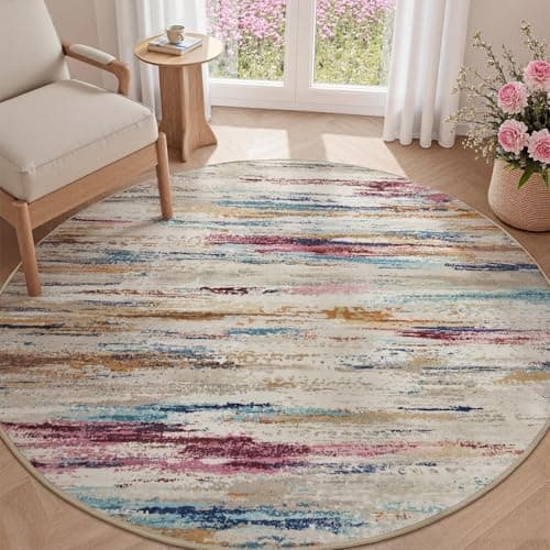 tchdio Round Rug 5FT Colorful Modern Abstract Circle Rug for Bedroom Non Slip Soft Circular Rug Carpet Washable Round Area Rug, Multi Color, 5FT