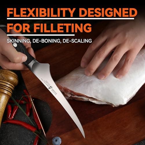 TUO Fillet Knife, 7 Inch Professional Fish Boning Knife for Trimming Meat & Poultry, Flexible Blade, High Carbon German Steel, Riveted Handle - Falcon Series - Thumbnail 2