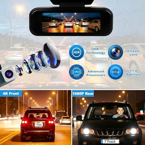 Dash Cam Front and Rear, 4K+1080P Dash Camera for Cars, 7Track Dual Car Camera with WiFi & APP Control, 64GB Card, 3.19" IPS Screen, HDR, Night Vision, G-Sensor, Parking Mode, Loop Recording - Thumbnail 6