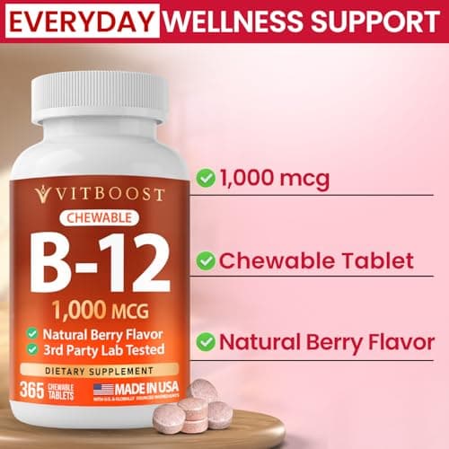 VITBOOST Vitamin B12 1000 mcg Chewable Tablets - 365 Count Natural Berry Flavor B-12 Vitamin for Energy & Nervous System Support - Non-GMO, Vegan Tablets - Made in USA - Thumbnail 5